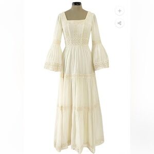 Victor Costa Mexican Wedding Dress Ivory Cotton Gauze & Lace Dress Romantic 1970